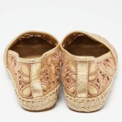 Pre Owned Tory Burch Beige/Gold Lace and Leather Espadrille Flats Size 36.5