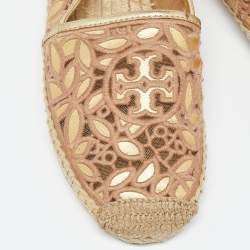Pre Owned Tory Burch Beige/Gold Lace and Leather Espadrille Flats Size 36.5