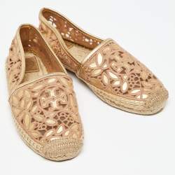 Pre Owned Tory Burch Beige/Gold Lace and Leather Espadrille Flats Size 36.5