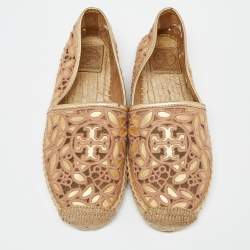 Pre Owned Tory Burch Beige/Gold Lace and Leather Espadrille Flats Size 36.5