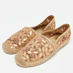 Pre Owned Tory Burch Beige/Gold Lace and Leather Espadrille Flats Size 36.5