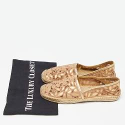 Pre Owned Tory Burch Beige/Gold Lace and Leather Espadrille Flats Size 36.5