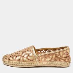 Pre Owned Tory Burch Beige/Gold Lace and Leather Espadrille Flats Size 36.5