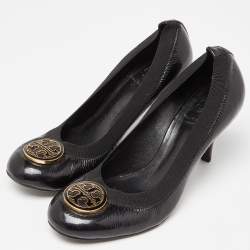 Pre Owned Tory Burch Black Patent Leather Caroline Scrunch Pumps Size 37.5