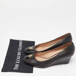 Pre Owned Tory Burch Black Leather and Patent Cap Toe Wedge Pumps Size 40