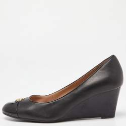 Pre Owned Tory Burch Black Leather and Patent Cap Toe Wedge Pumps Size 40