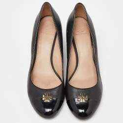 Pre Owned Tory Burch Black Leather and Patent Cap Toe Wedge Pumps Size 40