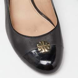 Pre Owned Tory Burch Black Leather and Patent Cap Toe Wedge Pumps Size 40