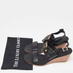 Pre Owned Tory Burch Black Leather Wedge Slingback Sandals Size 38.5