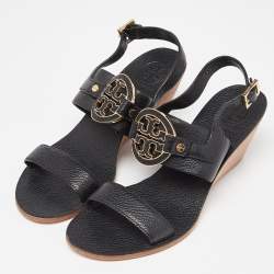 Pre Owned Tory Burch Black Leather Wedge Slingback Sandals Size 38.5