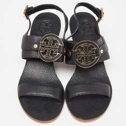 Pre Owned Tory Burch Black Leather Wedge Slingback Sandals Size 38.5