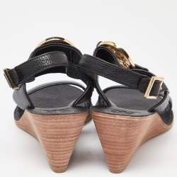 Pre Owned Tory Burch Black Leather Wedge Slingback Sandals Size 38.5