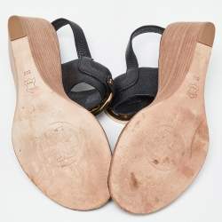 Pre Owned Tory Burch Black Leather Wedge Slingback Sandals Size 38.5