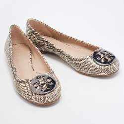 Pre Owned Tory Burch Black/Cream Python Embossed Reva Ballet Flats Size 37.5