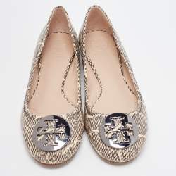 Pre Owned Tory Burch Black/Cream Python Embossed Reva Ballet Flats Size 37.5