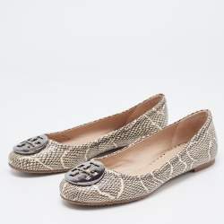 Pre Owned Tory Burch Black/Cream Python Embossed Reva Ballet Flats Size 37.5