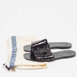 Pre Owned Tory Burch Black Sequins Carter Slide Flats Size 38