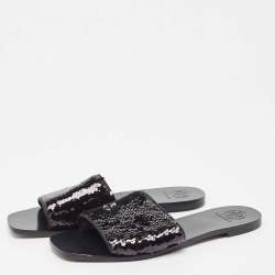 Pre Owned Tory Burch Black Sequins Carter Slide Flats Size 38