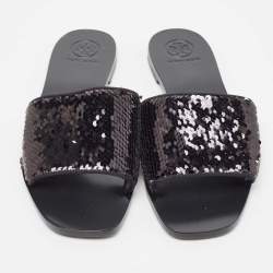 Pre Owned Tory Burch Black Sequins Carter Slide Flats Size 38