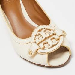 Pre Owned Tory Burch Off White Leather Amanda Peep Toe Wedge Pumps Size 37.5