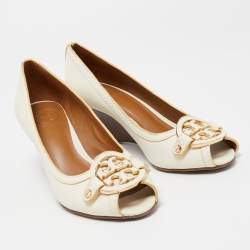 Pre Owned Tory Burch Off White Leather Amanda Peep Toe Wedge Pumps Size 37.5