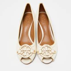 Pre Owned Tory Burch Off White Leather Amanda Peep Toe Wedge Pumps Size 37.5
