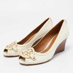 Pre Owned Tory Burch Off White Leather Amanda Peep Toe Wedge Pumps Size 37.5
