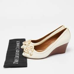 Pre Owned Tory Burch Off White Leather Amanda Peep Toe Wedge Pumps Size 37.5