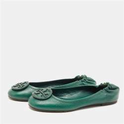 Pre Owned Tory Burch Green Leather Minnie Travel Ballet Flats Size 37.5