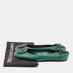 Pre Owned Tory Burch Green Leather Minnie Travel Ballet Flats Size 37.5