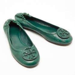 Pre Owned Tory Burch Green Leather Minnie Travel Ballet Flats Size 37.5