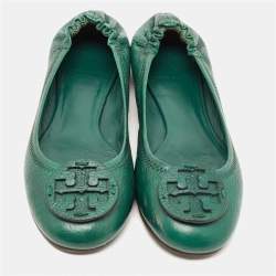 Pre Owned Tory Burch Green Leather Minnie Travel Ballet Flats Size 37.5
