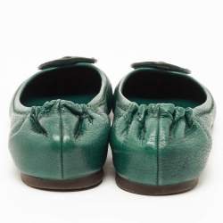 Pre Owned Tory Burch Green Leather Minnie Travel Ballet Flats Size 37.5