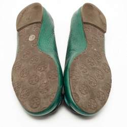 Pre Owned Tory Burch Green Leather Minnie Travel Ballet Flats Size 37.5