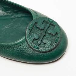 Pre Owned Tory Burch Green Leather Minnie Travel Ballet Flats Size 37.5