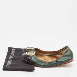 Pre Owned Tory Burch Green/Black Leather And Patent Leather Cap Toe Ballet Flats Size 40