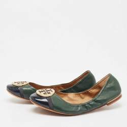 Pre Owned Tory Burch Green/Black Leather And Patent Leather Cap Toe Ballet Flats Size 40