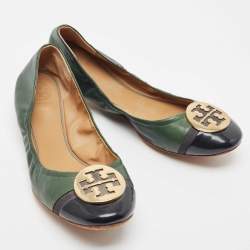 Pre Owned Tory Burch Green/Black Leather And Patent Leather Cap Toe Ballet Flats Size 40