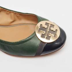 Pre Owned Tory Burch Green/Black Leather And Patent Leather Cap Toe Ballet Flats Size 40