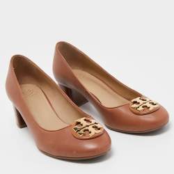 Pre Owned Tory Burch Brown Leather Janey Buckle Detail Block Heel Pumps Size 39
