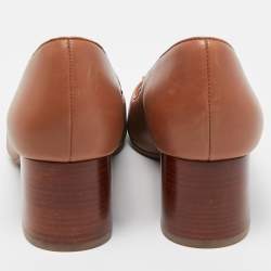 Pre Owned Tory Burch Brown Leather Janey Buckle Detail Block Heel Pumps Size 39