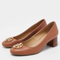 Pre Owned Tory Burch Brown Leather Janey Buckle Detail Block Heel Pumps Size 39