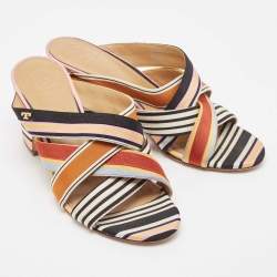 Pre Owned Tory Burch Multicolor Striped Canvas Graham Slide Sandals Size 38.5
