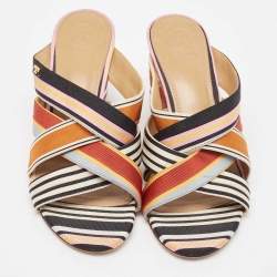Pre Owned Tory Burch Multicolor Striped Canvas Graham Slide Sandals Size 38.5