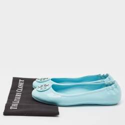 Pre Owned Tory Burch Blue Patent Leather Minnie Travel Ballet Flats Size 39