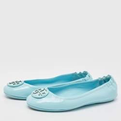 Pre Owned Tory Burch Blue Patent Leather Minnie Travel Ballet Flats Size 39