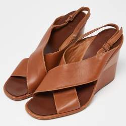 Tory Burch Brown Leather Wedge Slingback Sandals Size 39.5