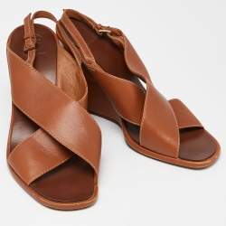Tory Burch Brown Leather Wedge Slingback Sandals Size 39.5