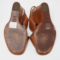 Tory Burch Brown Leather Wedge Slingback Sandals Size 39.5