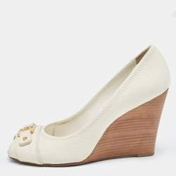 Pre Owned Tory Burch Off White Leather Peep Toe Wedge Pumps Size 40